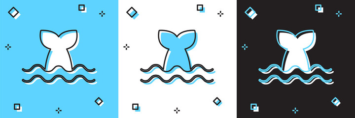 Sticker - Set Whale tail in ocean wave icon isolated on blue and white, black background. Vector