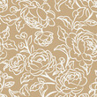Seamless pattern with abstract garden roses, with stems and leaves silhouette. Brown background with blossoming outline flowers. Vintage floral hand drawn wallpaper. Vector stock illustration.