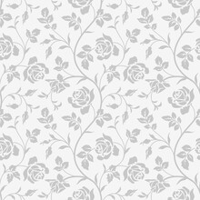 Seamless Pattern With Abstract Garden Roses, With Stems And Leaves Silhouette. Background With Blossoming Flowers. Vintage Floral Hand Drawn Wallpaper. Vector Stock Illustration.