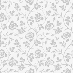 Aufkleber - Seamless pattern with abstract garden roses, with stems and leaves silhouette. Background with blossoming flowers. Vintage floral hand drawn wallpaper. Vector stock illustration.
