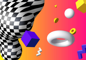 Poster - Abstract background with flying colorful 3D geometric shapes over vibrant gradient backdrop. Lush and bold colored abstraction with checkered shape in 90s style.