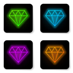 Sticker - Glowing neon line Diamond icon isolated on white background. Jewelry symbol. Gem stone. Black square button. Vector