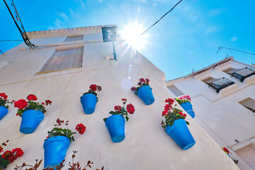 MARBELLA, España - 29 de junio de 2021 Hermoso casco antiguo de Marbella en un soleado día de diciembre. Paredes blancas decoradas con maceta azul.