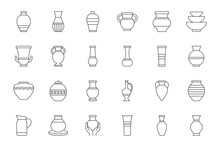 Vector Icons Amphora, Vase, Pottery. Editable Stroke. Ancient And Modern Tableware, Ceramic Bottle, Museum Piece, Greek Art. Line Set