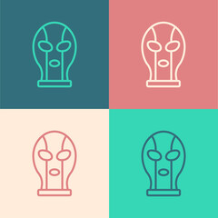 Poster - Pop art line Mexican wrestler icon isolated on color background. Vector