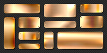 Realistic Shiny Metal Banners Set. Brushed Steel Plate With Screws. Polished Copper Metal Surface. Vector Illustration.