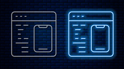 Glowing neon line Software, web developer programming code icon isolated on brick wall background. Javascript computer script random parts of program code. Vector