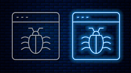 Glowing neon line System bug concept icon isolated on brick wall background. Code bug concept. Bug in the system. Bug searching. Vector