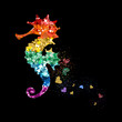 Rainbow colors glittering seahorse with hearts. Beautiful colorful silhouettes on black background for Valentines day, wedding, kids, branding, label, banner, or LGBT symbol. Vector illustration.