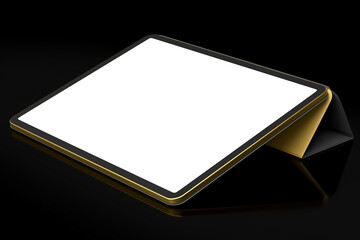 Computer tablet with cover case isolated on black background.