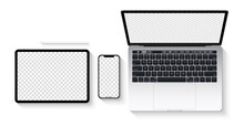Top View Device Mockup Set : Laptop Computer, Smartphone, Tablet, Pencil, Keyboard. Isolated Realistic Devices Mock-up With Empty Screens And Shadow On White Background.  Vector Illustration.