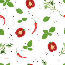 Seamless Pattern From Tomatoes, Chili Peppers And Greens. Design For Textiles. Vector