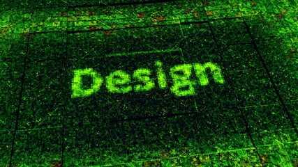 Poster - Technological background with a pixelated circuit board and spreading impulses. Animation. Particles forming a word design, concept of web site developing.