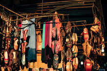 Slippers and handkerchiefs hanging in the street stall