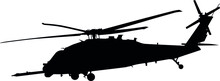 US Air Force Army, Navy Military Aircraft Fight And Transport Helicopter Flying In The Air HH / UH 60G Blackhawk, Pave Hawk Helicopter Sikorsky Aircraft Corporation. Detailed Realistic Silhouette