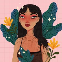Illustration Of Stylish Woman With Leafs And Flowers