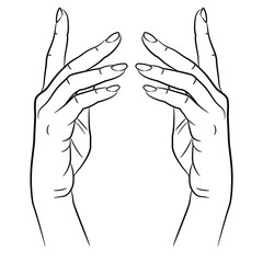 Two beautiful raised up female hands in elegant gesture. Black and white linear silhouette. Cartoon style.