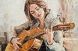 .The girl plays the guitar. Music lessons. Oil painting on canvas.