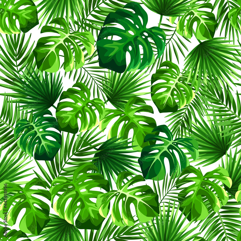 Vector tropical seamless pattern with green monstera and palm leaves on ...