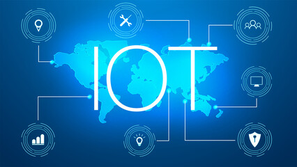 Poster - Internet of things (IoT) and networking concept for connected devices. Spider web of network connections with on a futuristic blue background. Innovation sign. Digital design concept. IoT hologram