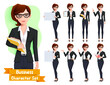 © ZeinousGDS - Business woman character vector set. Businesswoman female characters in standing pose holding books and whiteboard elements for office worker collection design. Vector illustration