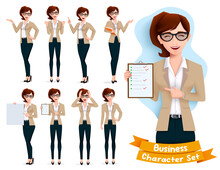 Business Woman Character Vector Set. Businesswoman Female Characters In Showing Checklist With Standing And Reporting Pose And Gestures For Office Boss Employee Collection Design. Vector Illustration

