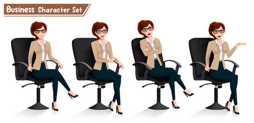 Wall Mural - Business woman sitting vector set. Businesswoman characters in office chair seat with happy and serious expressions for female boss characters cartoon collection design. Vector illustration
