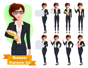 Poster - Business woman character vector set. Businesswoman female characters in standing pose holding books and whiteboard elements for office worker collection design. Vector illustration
