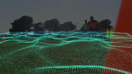 Animation of green mesh of binary coding and data processing over football players