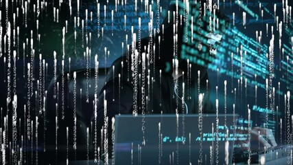 Poster - Animation of scope and data processing over hacker with laptop