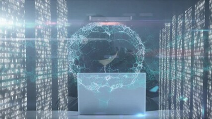 Poster - Animation of human brain and data processing over hacker with laptop