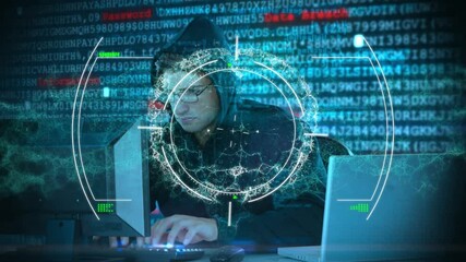 Poster - Animation of scope and data processing over hacker with laptop