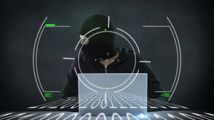 Poster - Animation of scope and binary coding data processing over hacker with laptop