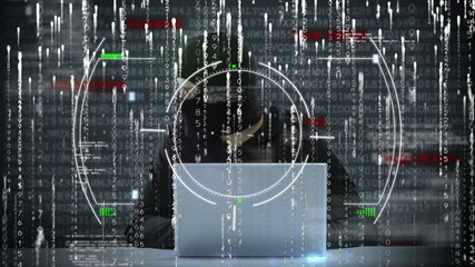 Poster - Animation of scope and data processing over hacker with laptop