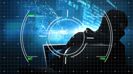 Poster - Animation of scope and data processing over hacker with laptop