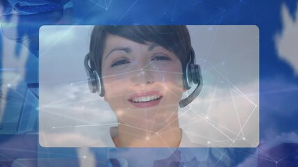 Poster - Animation of globe of business people using computers and phone headsets and network of connections
