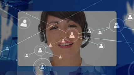 Poster - Animation of globe of business people using computers and phone headsets and network of connections