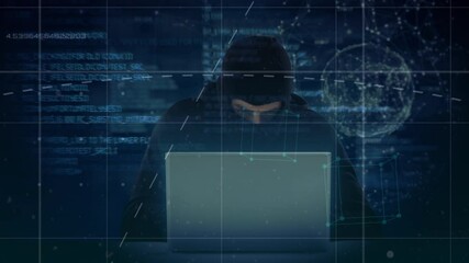 Aufkleber - Animation of data and information processing over masked hacker using laptop on dark background