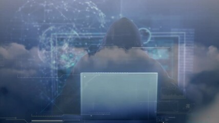 Poster - Animation of globe and data processing over hacker with laptop
