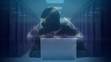 Poster - Animation of triangle over hacker with laptop and computer servers