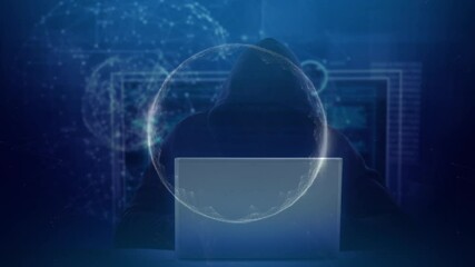 Poster - Animation of globe and data processing over hacker with laptop
