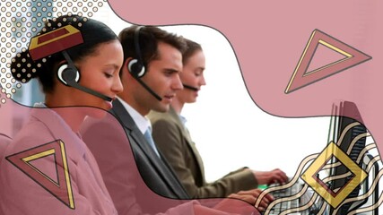 Poster - Animation of retro shapes moving over business people using phone headsets