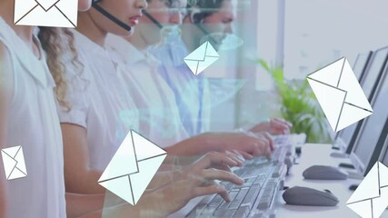 Poster - Animation of email envelope icons over business people using phone headsets