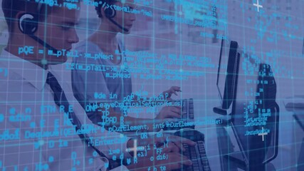 Poster - Animation of data processing over business people using phone headsets