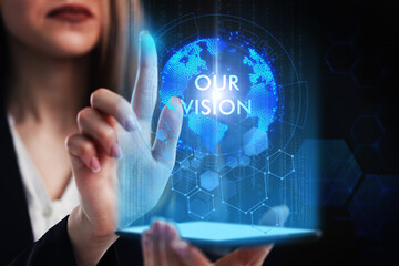 Business, Technology, Internet and network concept. Young businessman working on a virtual screen of the future and sees the inscription: Our vision