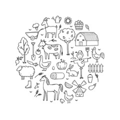 Wall Mural - Hand drawn set farm animal, horse, cow, farmer food. Doodle sketch style. Agriculture life background, icon. Isolated vector illustration.