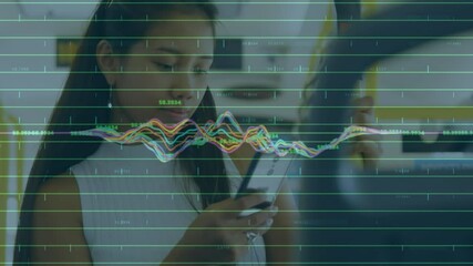 Poster - Animation of data processing over woman using smartphone