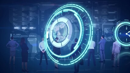 Poster - Animation of clock, scope scanning and data processing over businesspeople