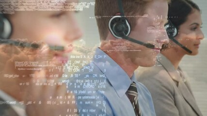 Poster - Animation of data processing over business people wearing phone headsets