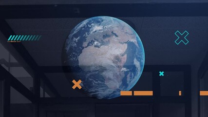 Poster - Animation of data processing with globe over warehouse